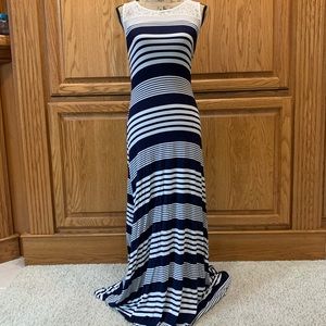 Long white and navy blue striped dress